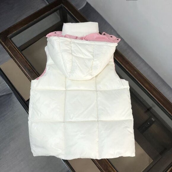 Moncler White and Pink Color-Blocked Hooded Down Vest, Warm and Cozy, Size 0. - Picture 6 of 6